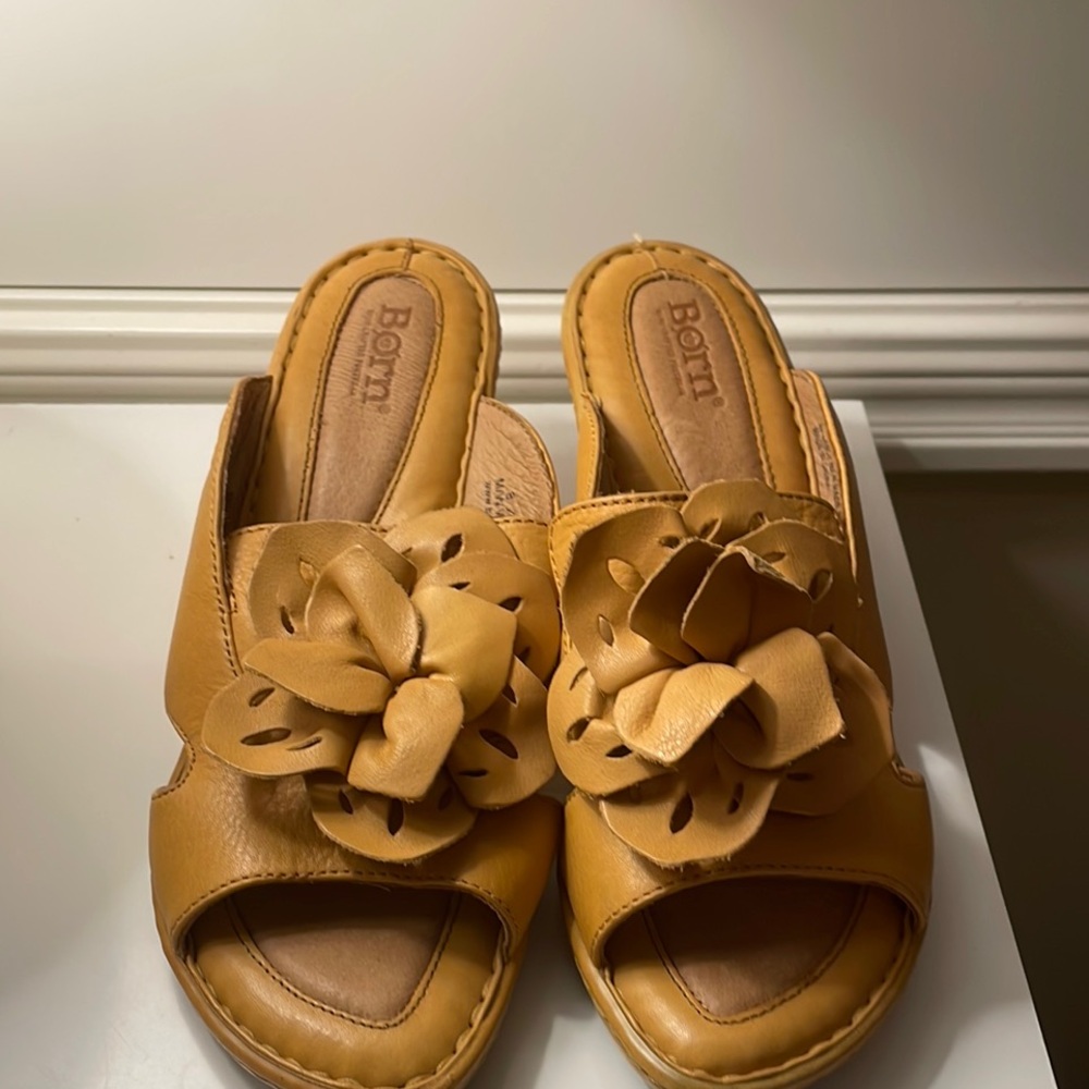 Born Tan Mules with Bow Detail